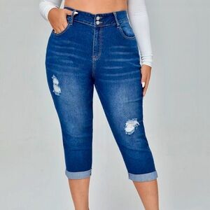 High Waist Ripped Roll Hem Jeans